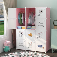Premium 12-Door 12-Shelf Kids Cartoon Print Modular Plastic Wardrobe – Pink