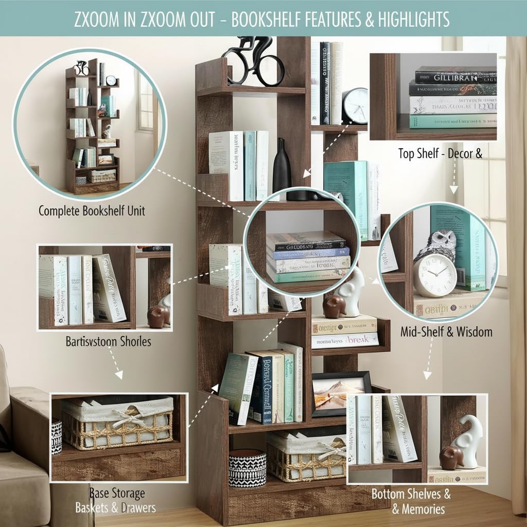 Premium 8-Tier Zigzag Wooden Bookshelf – Wenge