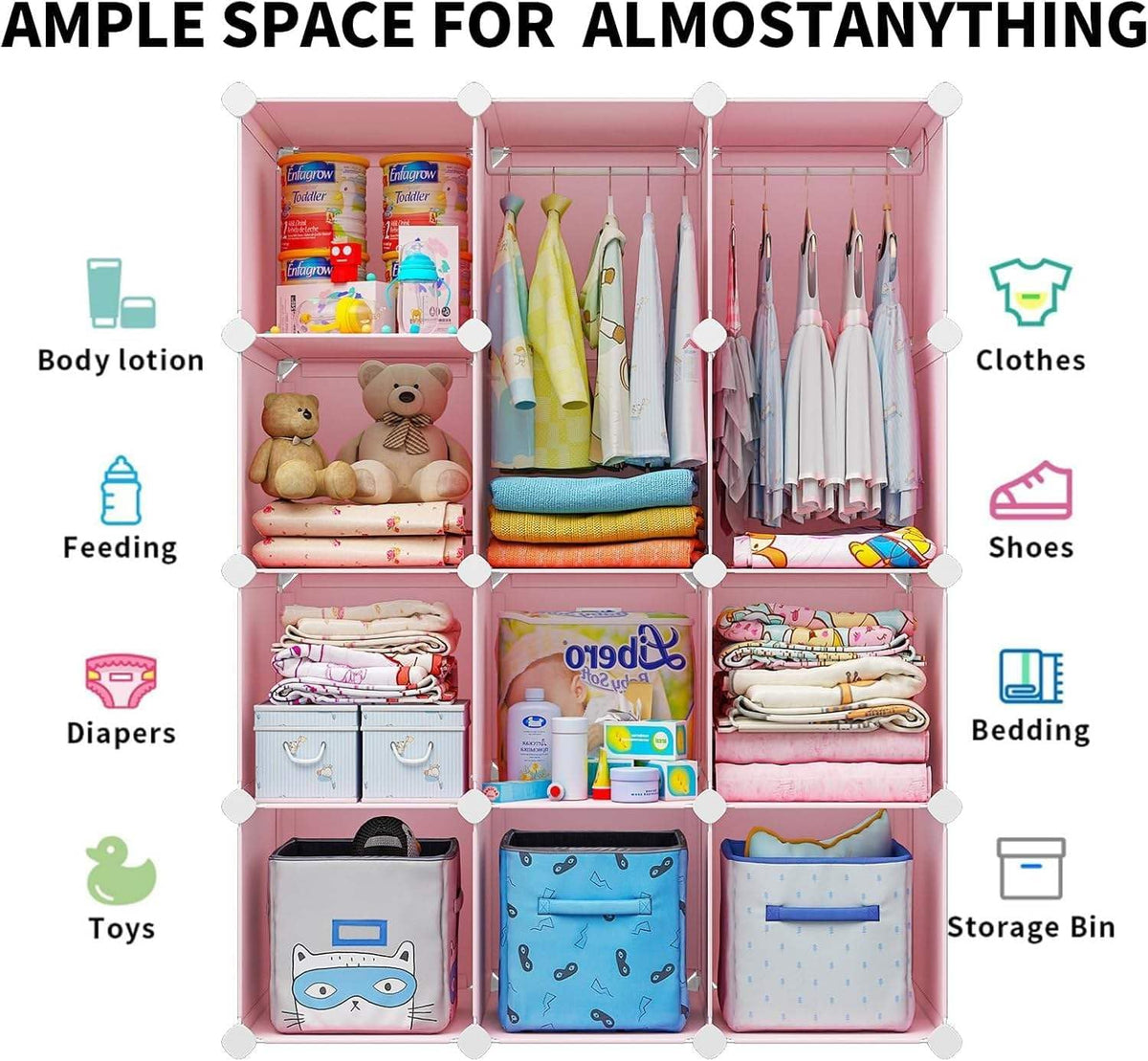 Premium 12-Door 12-Shelf Kids Cartoon Design Modular Plastic Wardrobe – Pink
