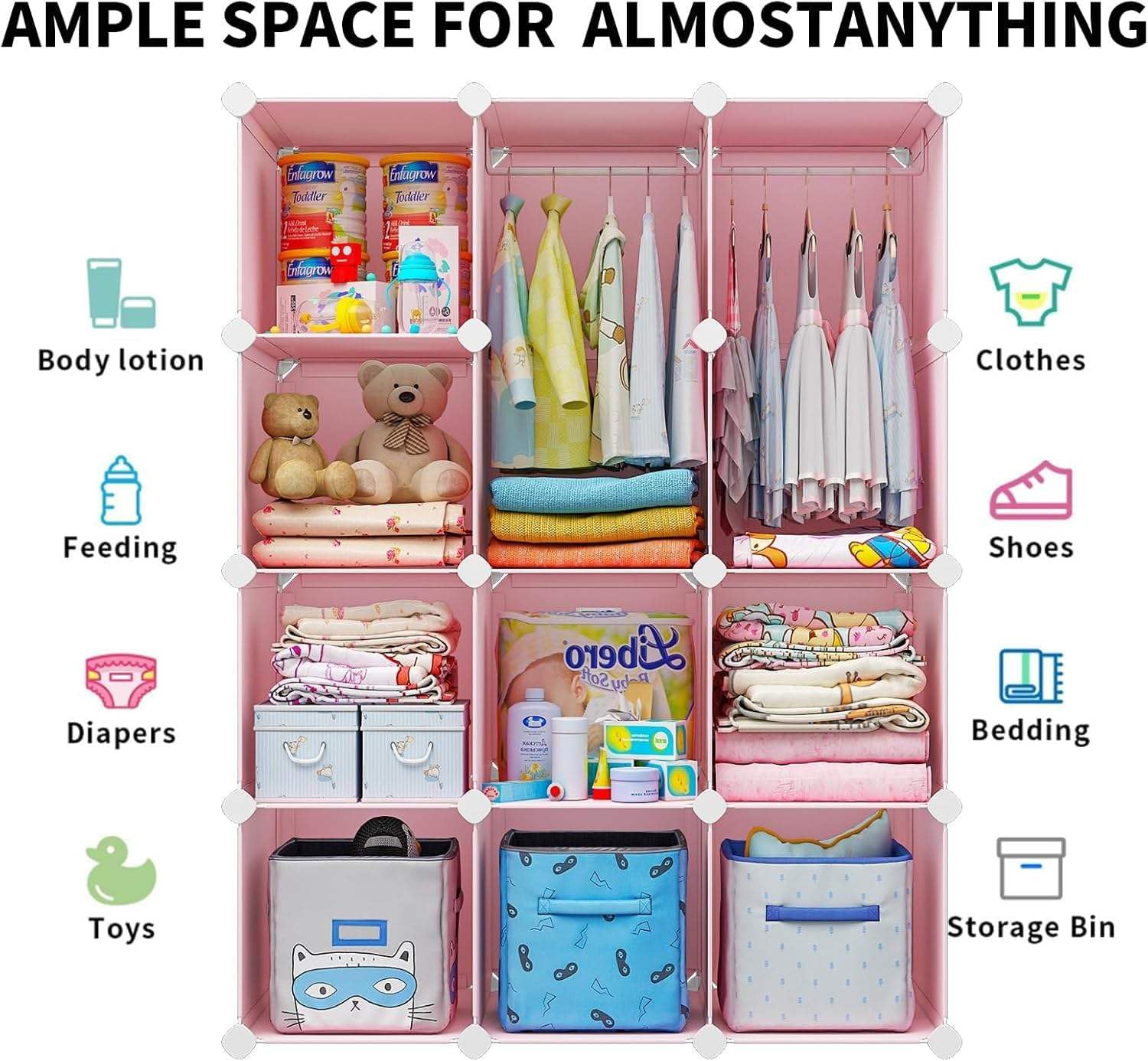Premium 12-Door 12-Shelf Kids Cartoon Design Modular Plastic Wardrobe – Pink