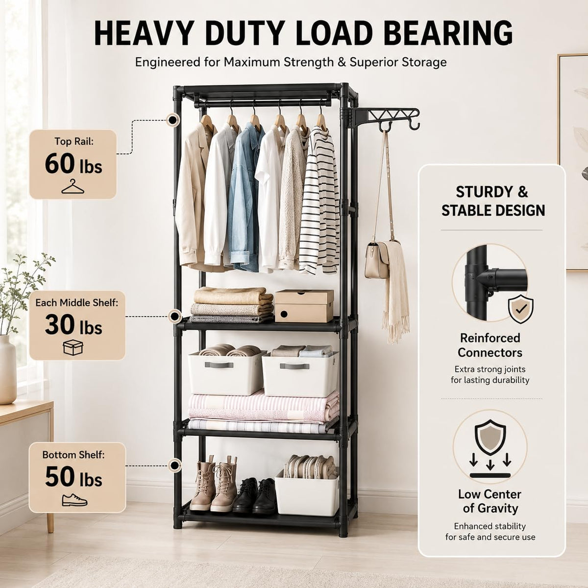 Premium Multifunctional Clothing Rack with Storage Shelves – Black