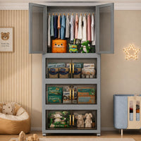 Premium 4-Door Kids Plastic Wardrobe with Wheels – Grey