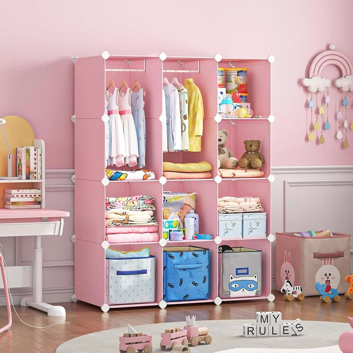 Premium 12-Door 12-Shelf Kids Minimalist Modular Plastic Wardrobe Cabinet – Pink