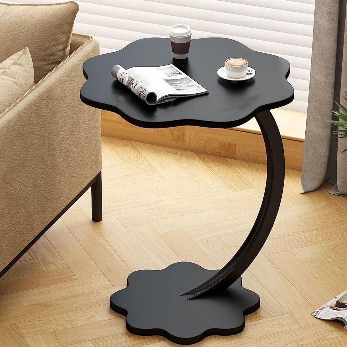Premium Flower Side Table with Metal Base – Black Marble