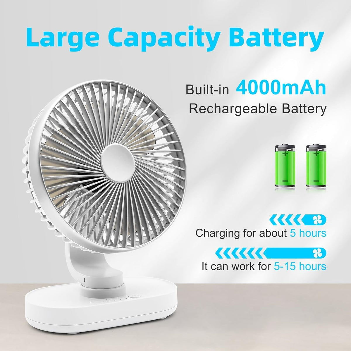 Premium 4000mAh Rechargeable Desk Fan with 4-Speed Modes – Silver