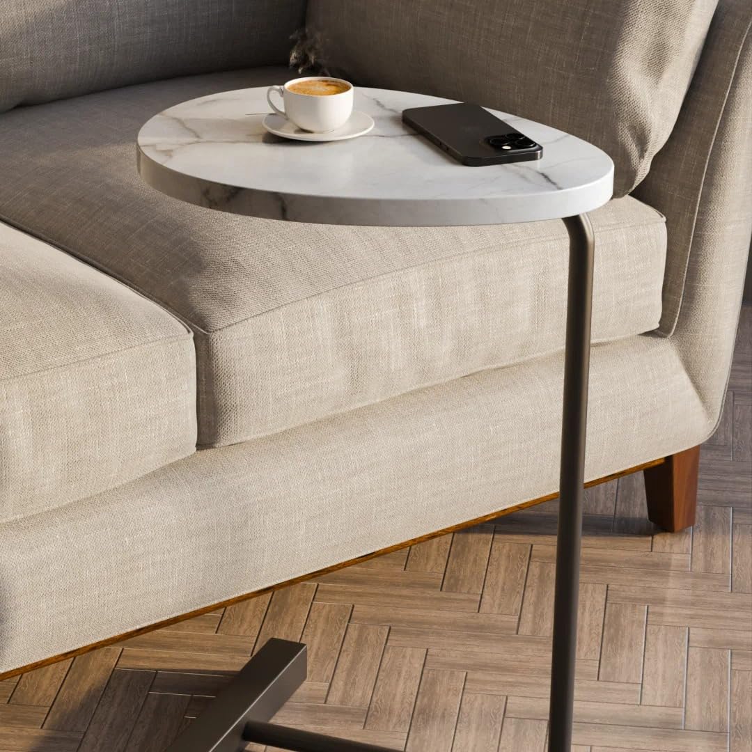 Premium Flat-Top Side Table with Metal Base – White Marble