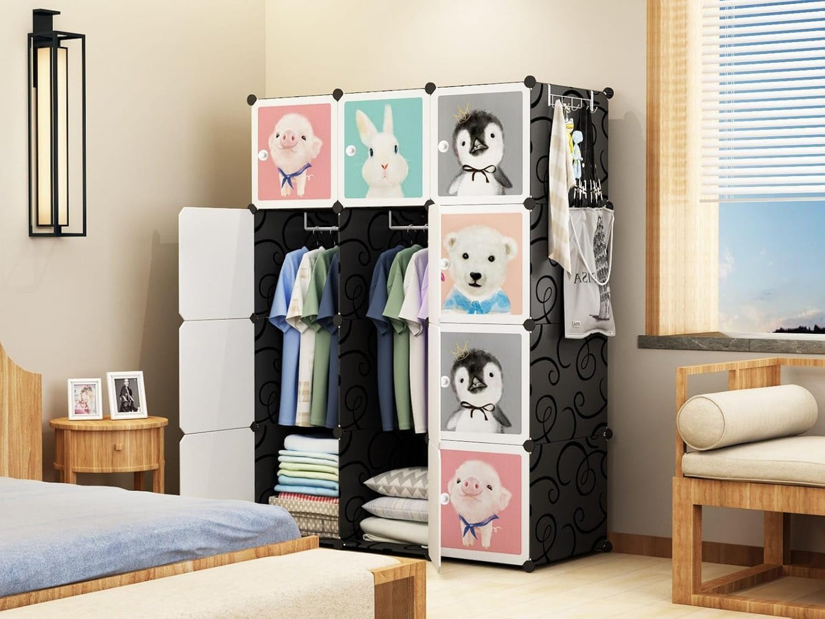 Premium 12-Door 12-Shelf Kids Cartoon Modular Plastic Wardrobe Cabinet – Black
