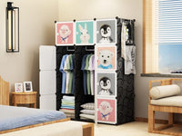 Premium 12-Door 12-Shelf Kids Cartoon Modular Plastic Wardrobe Cabinet – Black