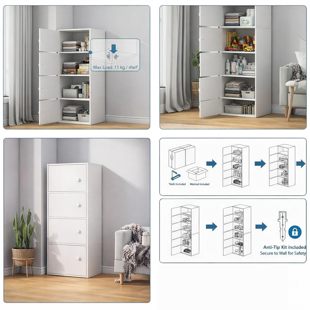 Premium Nordic White 4-Layer Wooden Storage Cabinet with Doors