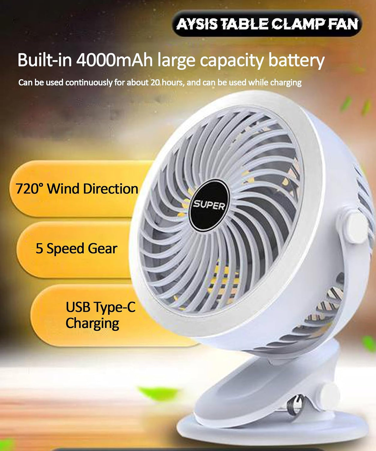 Premium 6-Inch Rechargeable Mini Clip Fan with 5-Speed Modes – White