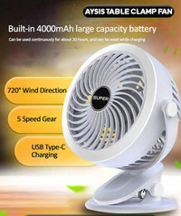 Premium 6-Inch Rechargeable Mini Clip Fan with 5-Speed Modes – White