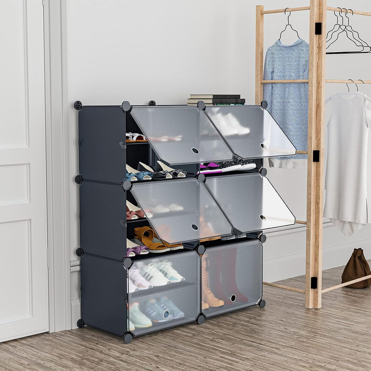 Premium 6-Door 12-Shelf Plastic Shoe Storage Cabinet | Dustproof Modular Shoe Organizer | Grey