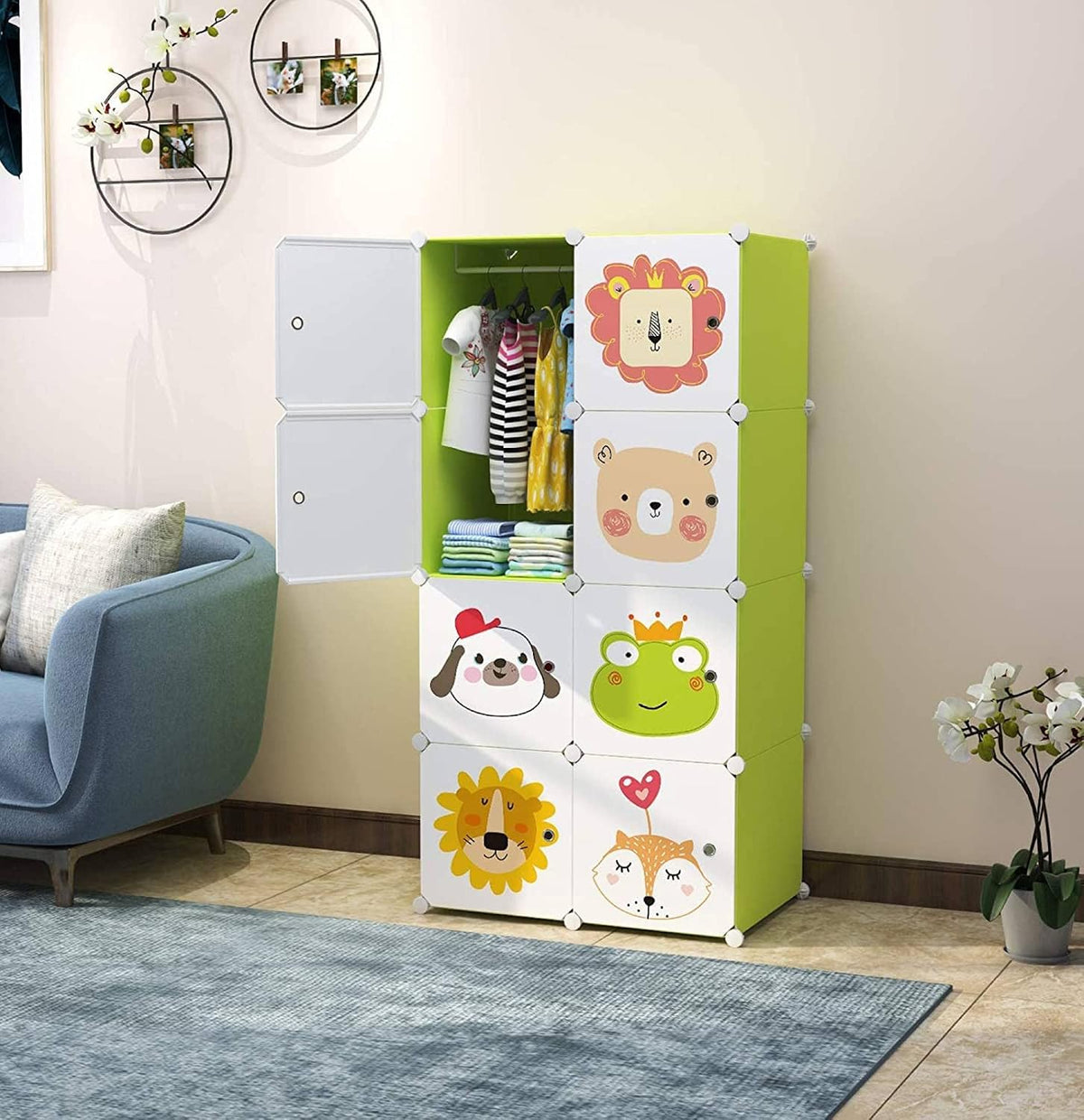 Premium 8-Door 8-Shelf Kids Modular Plastic Wardrobe Cabinet – Green