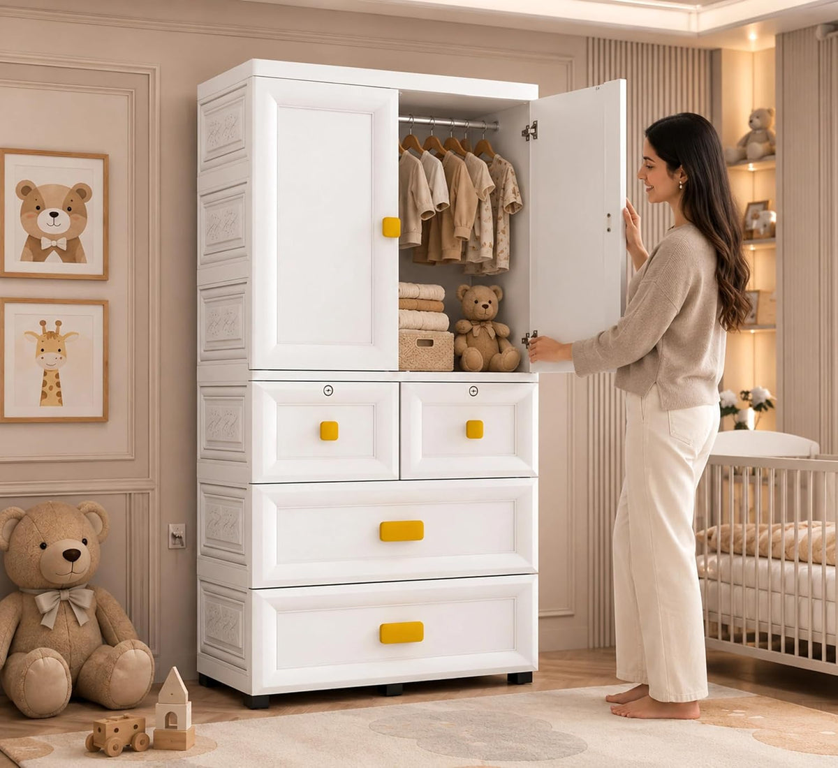 Premium 2-Door 5-Shelf Kids Plastic Collapsible Wardrobe with Cartoon Print – White