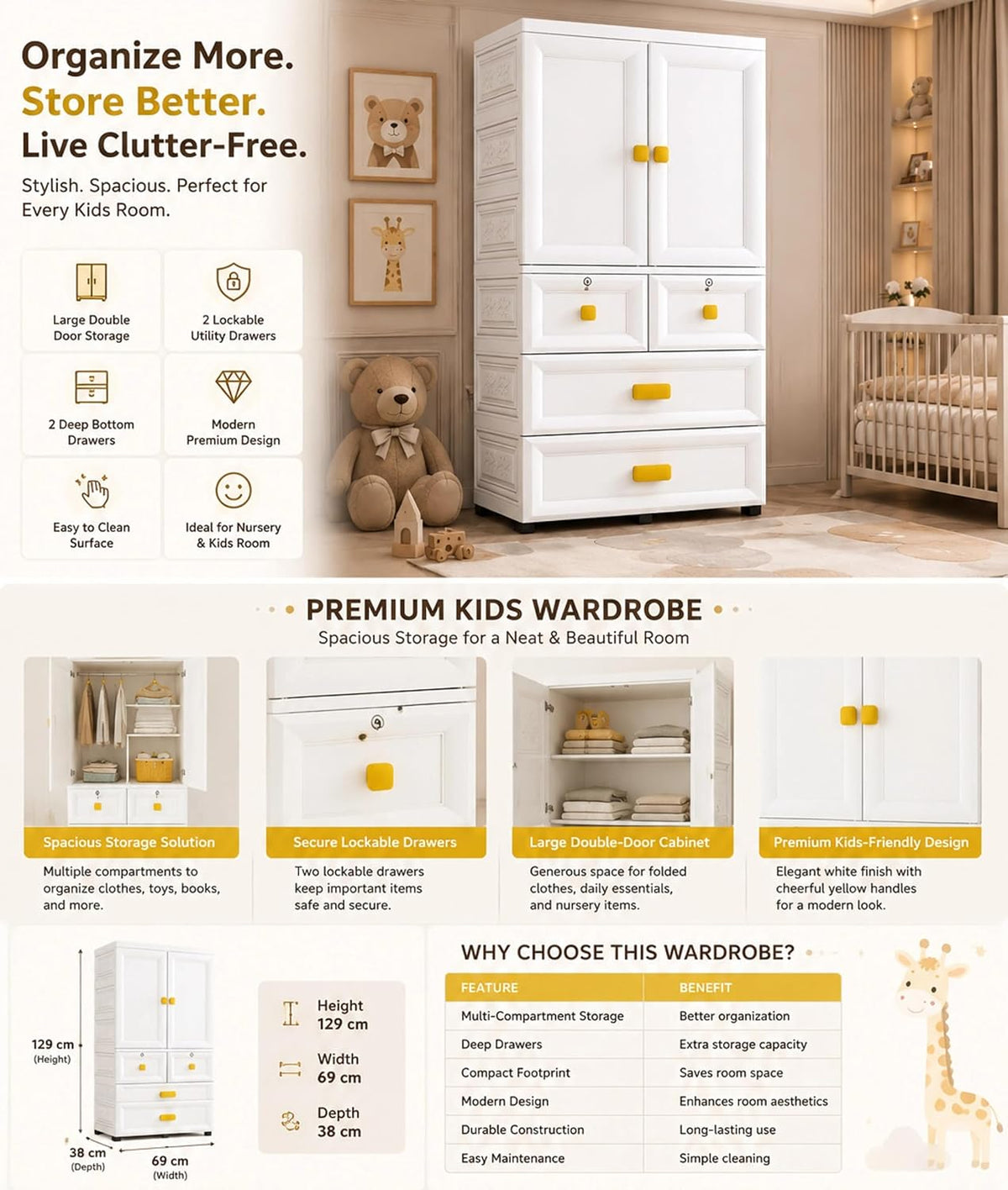 Premium 2-Door 5-Shelf Kids Plastic Collapsible Wardrobe with Cartoon Print – White