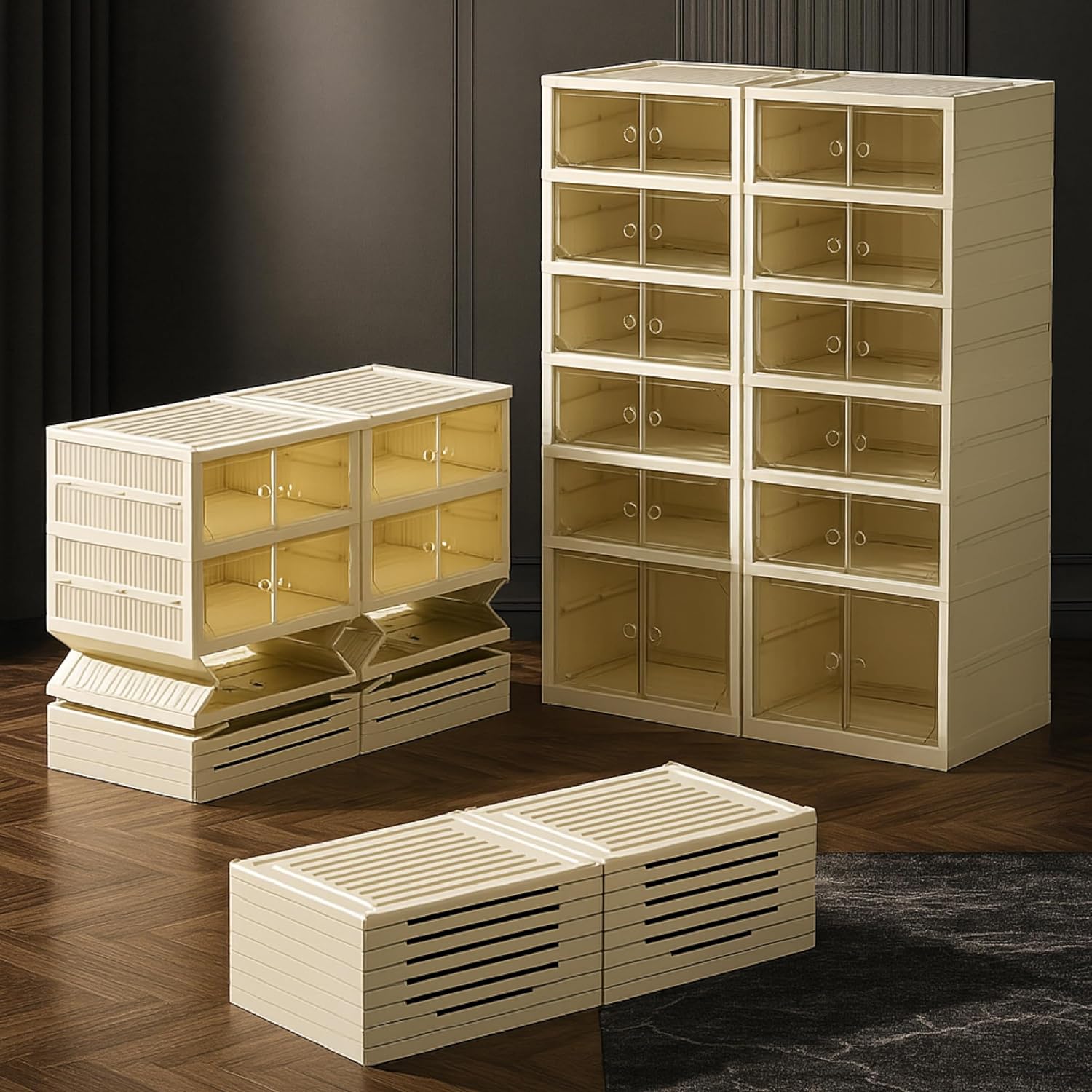 Premium 6-Layer Foldable Shoe Organizer with Magnetic Doors & Wheels – Cream