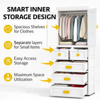 Premium 2-Door 5-Shelf Kids Plastic Collapsible Wardrobe with Cartoon Print – White