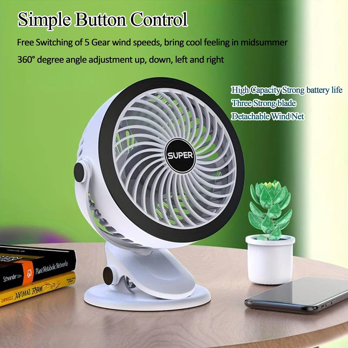 Premium 6-Inch Rechargeable Mini Clip Fan with 5-Speed Modes – Black