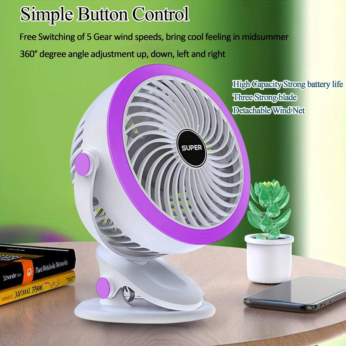 Premium 6-Inch Rechargeable Mini Clip Fan with 5-Speed Modes – Purple