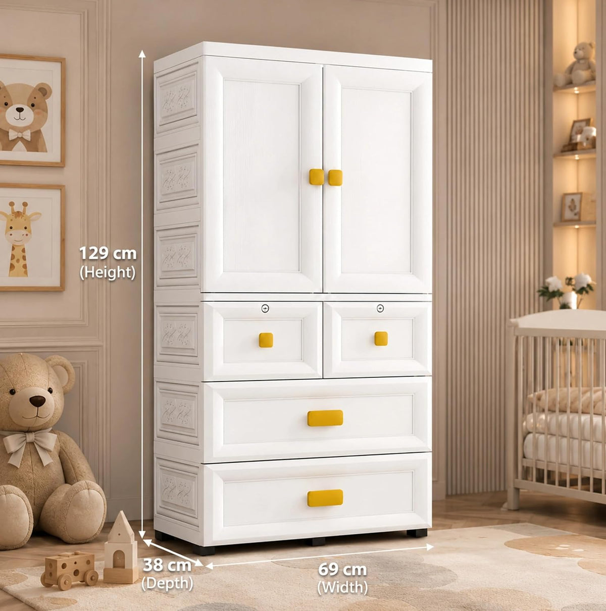Premium 2-Door 5-Shelf Kids Plastic Collapsible Wardrobe with Cartoon Print – White