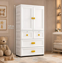 Premium 2-Door 5-Shelf Kids Plastic Collapsible Wardrobe with Cartoon Print – White