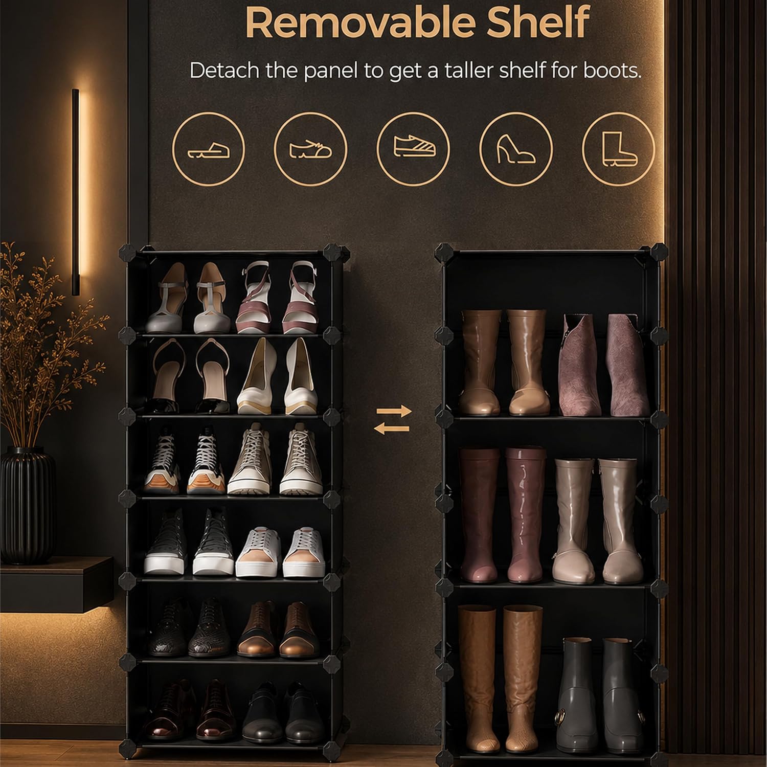 Premium 8-Door 16-Shelf Plastic Shoe Storage Cabinet | Dustproof Modular Shoe Rack | Black