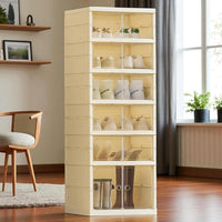 Premium 6-Layer Foldable Shoe Organizer with Magnetic Doors & Wheels – Cream