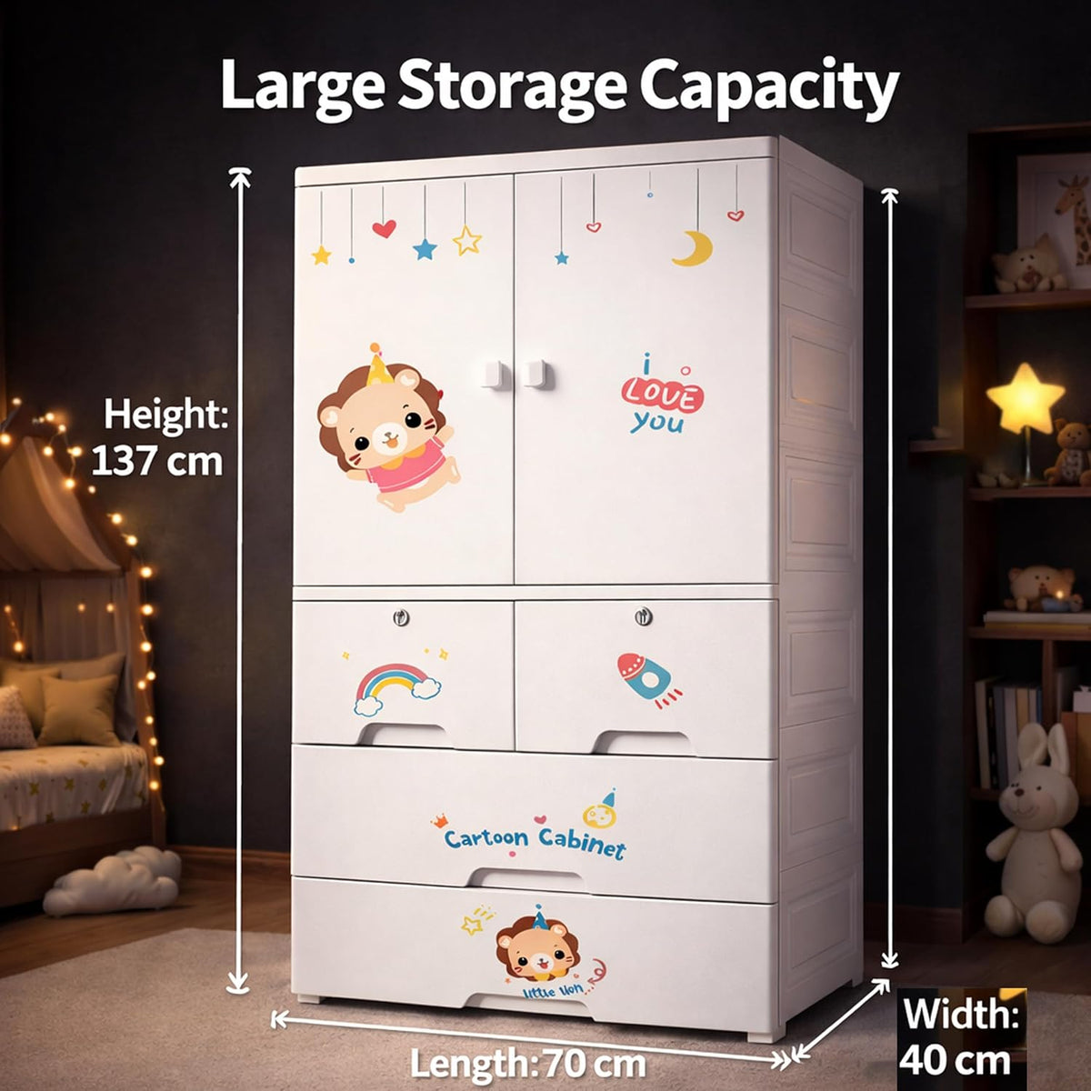 Premium 1+4 Door Kids Plastic Wardrobe with Drawers – Lion