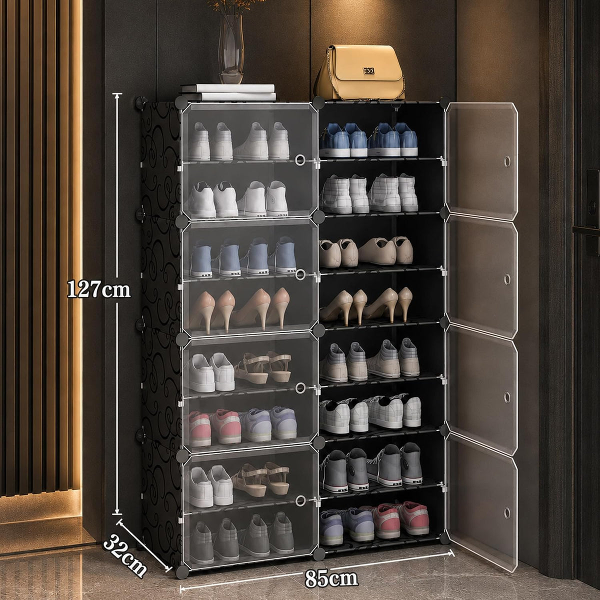 Premium 8-Door 16-Shelf Plastic Shoe Storage Cabinet | Dustproof Modular Shoe Rack | Black