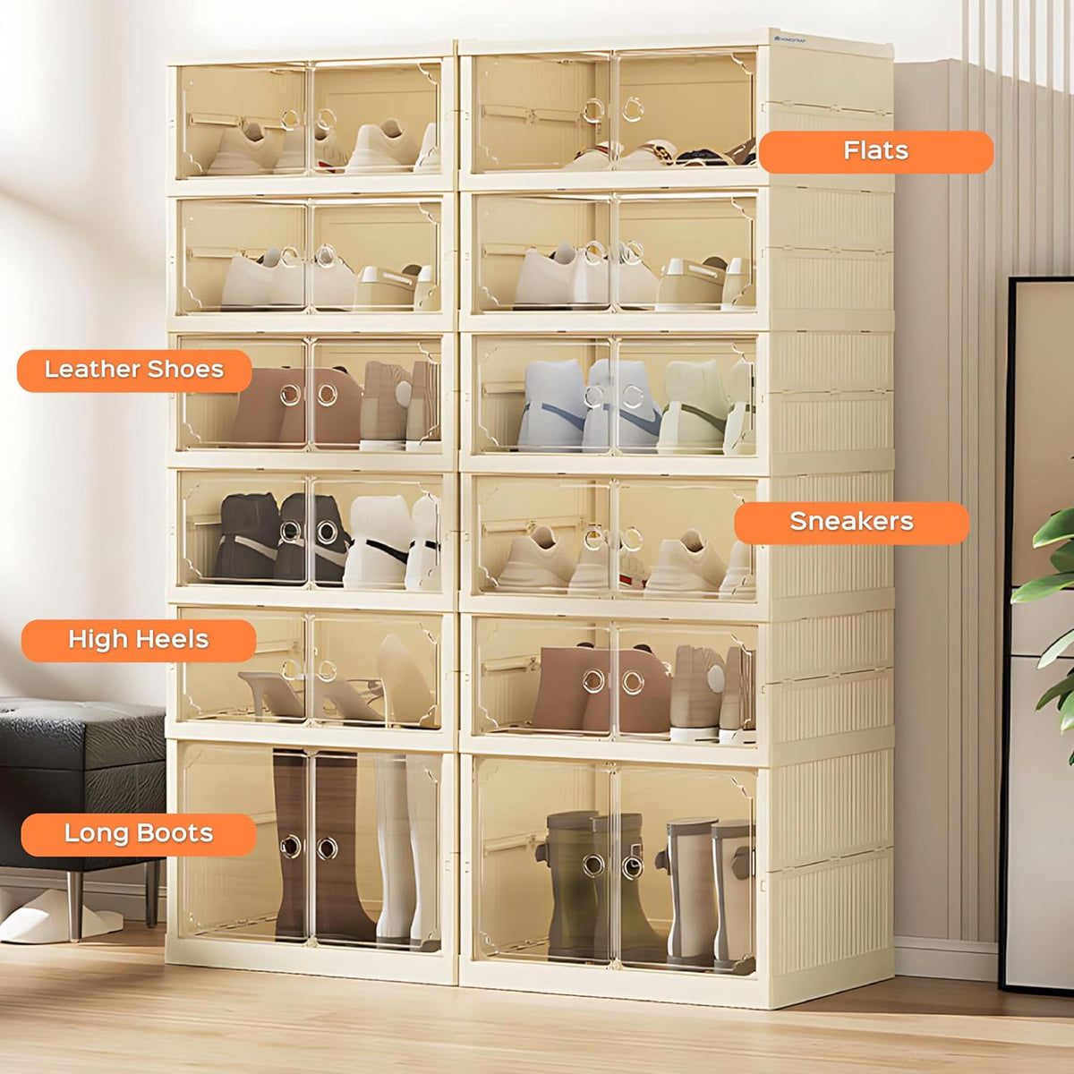 Premium 6-Layer Foldable Shoe Organizer with Magnetic Doors & Wheels – Cream