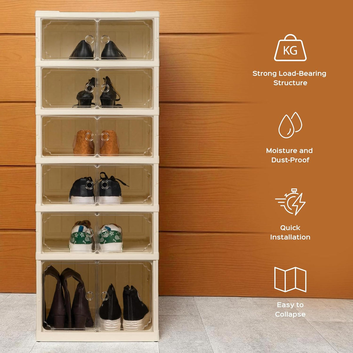 Premium 6-Layer Foldable Shoe Organizer with Magnetic Doors & Wheels – Cream