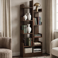 Premium 8-Tier Zigzag Wooden Bookshelf – Brown Walnut