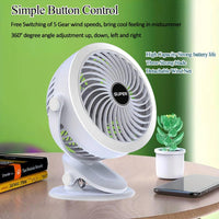 Premium 6-Inch Rechargeable Mini Clip Fan with 5-Speed Modes – White