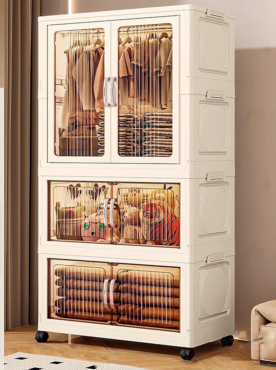 Premium 3-Layer Foldable Plastic Storage Wardrobe with Hangers – White