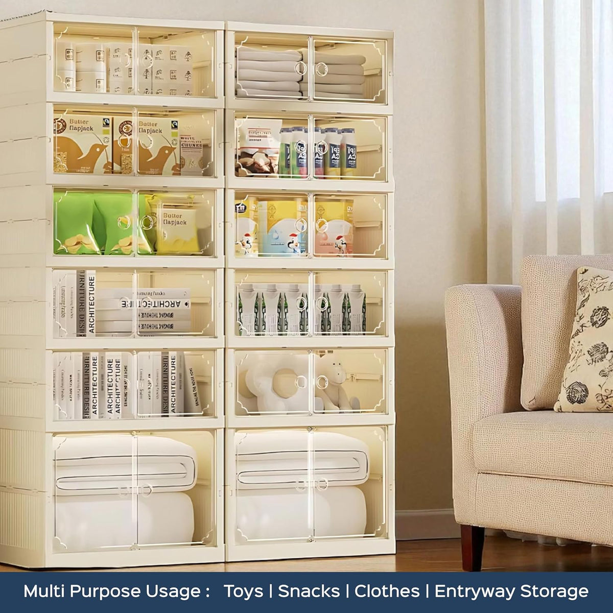 Premium 6-Layer Foldable Shoe Organizer with Magnetic Doors & Wheels – Cream