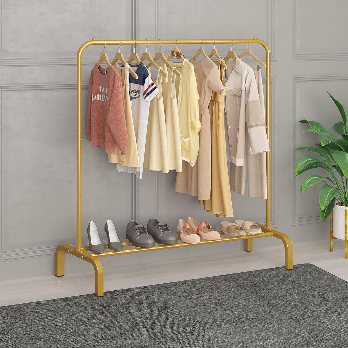 Premium Single Pole Garment Rack with Bottom Shelves – Golden