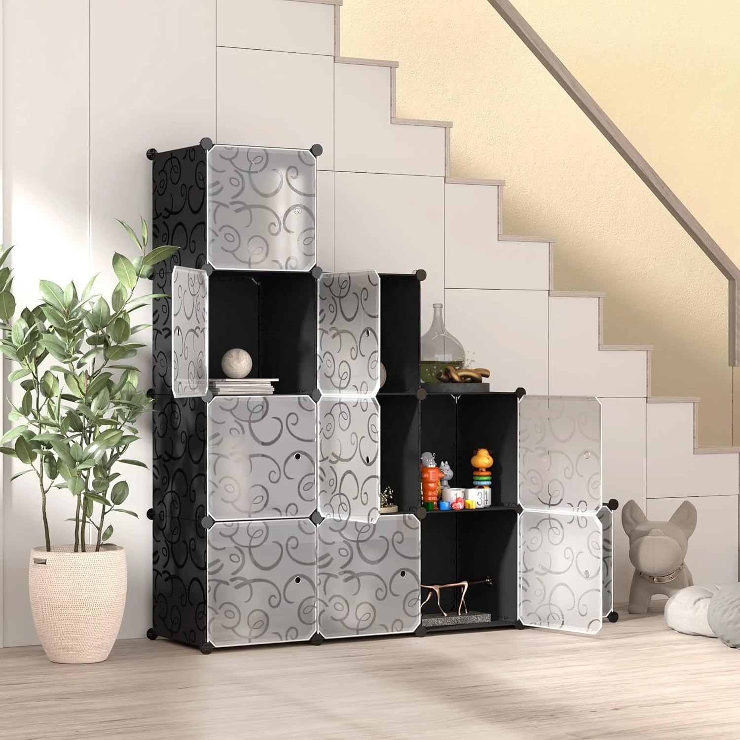 Premium 12-Shelf 10-Door Modular Plastic Wardrobe with Hanging Section – Black