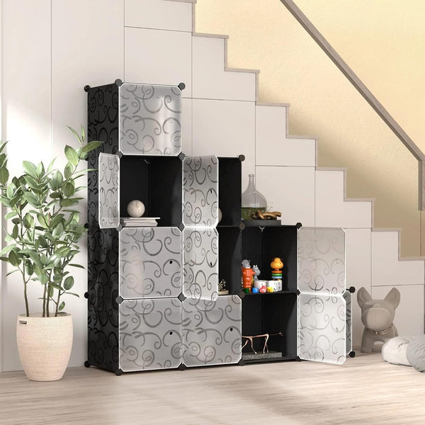 Premium 12-Shelf 10-Door Modular Plastic Wardrobe with Hanging Section – Black