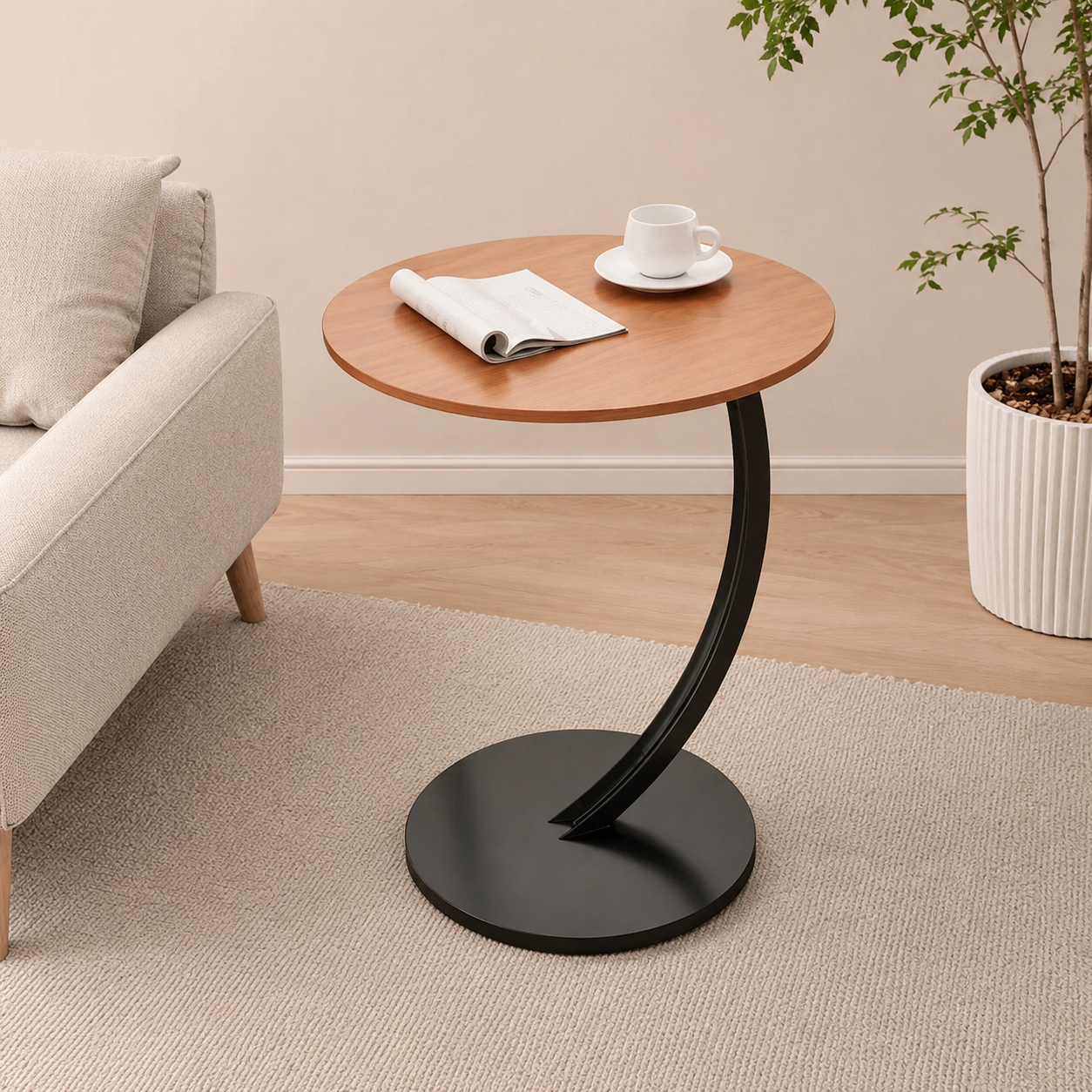 Premium Round Side Table with Metal Base – Nut Brown