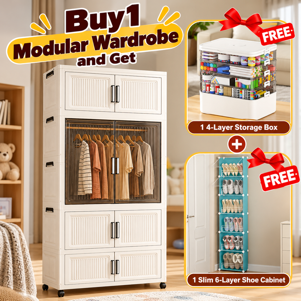 5-Door Modular Wardrobe with Hanging Section + 4-Layer Storage Box + Slim 6-Layer Shoe Cabinet