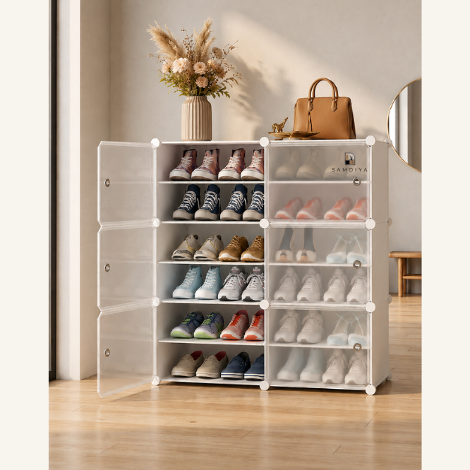 Premium 12-Shelf 6-Door Plastic Shoe Storage Cabinet – White