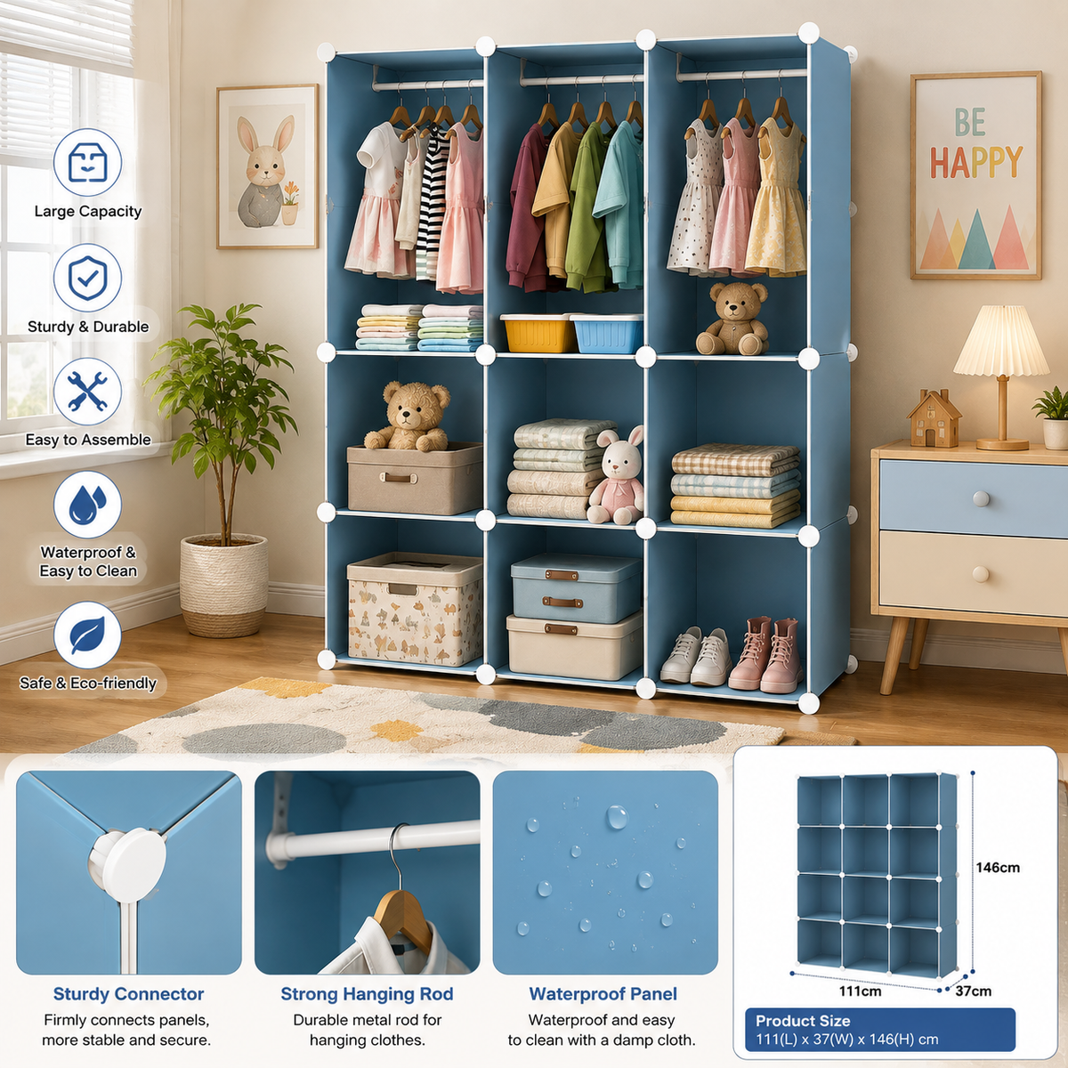 Premium 12-Door Superhero-Print Kids Plastic Wardrobe – Blue