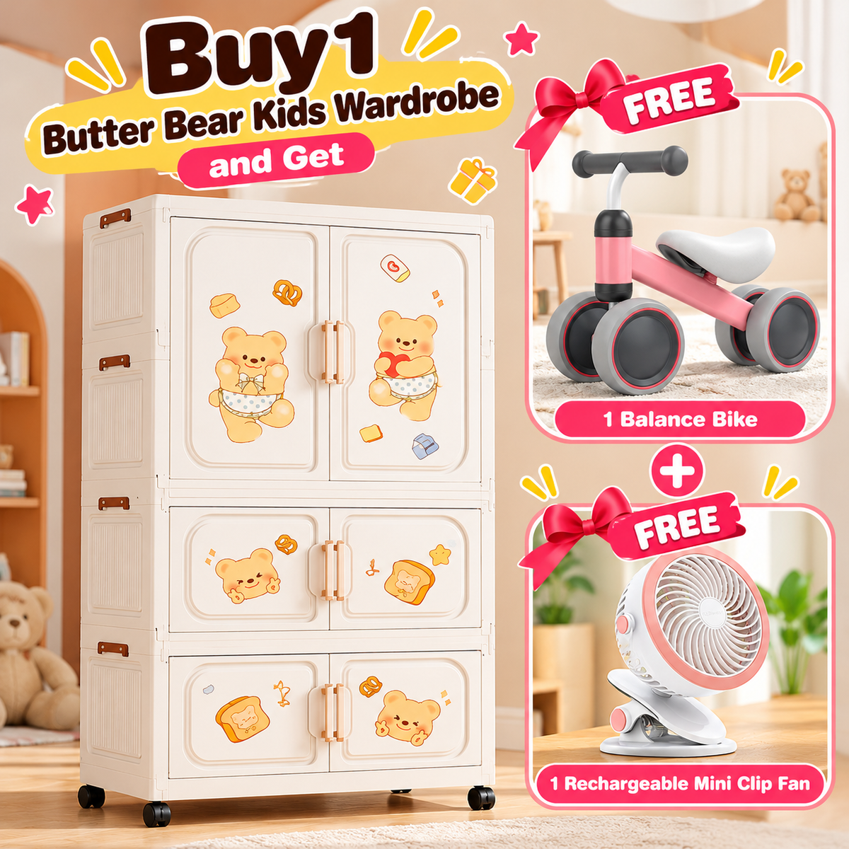 SAMDIYA Butter Bear Kids Wardrobe + Balance Bike (Pink) + Rechargeable Mini Clip Fan (Pink) | Buy 1 Get 2 Free Combo