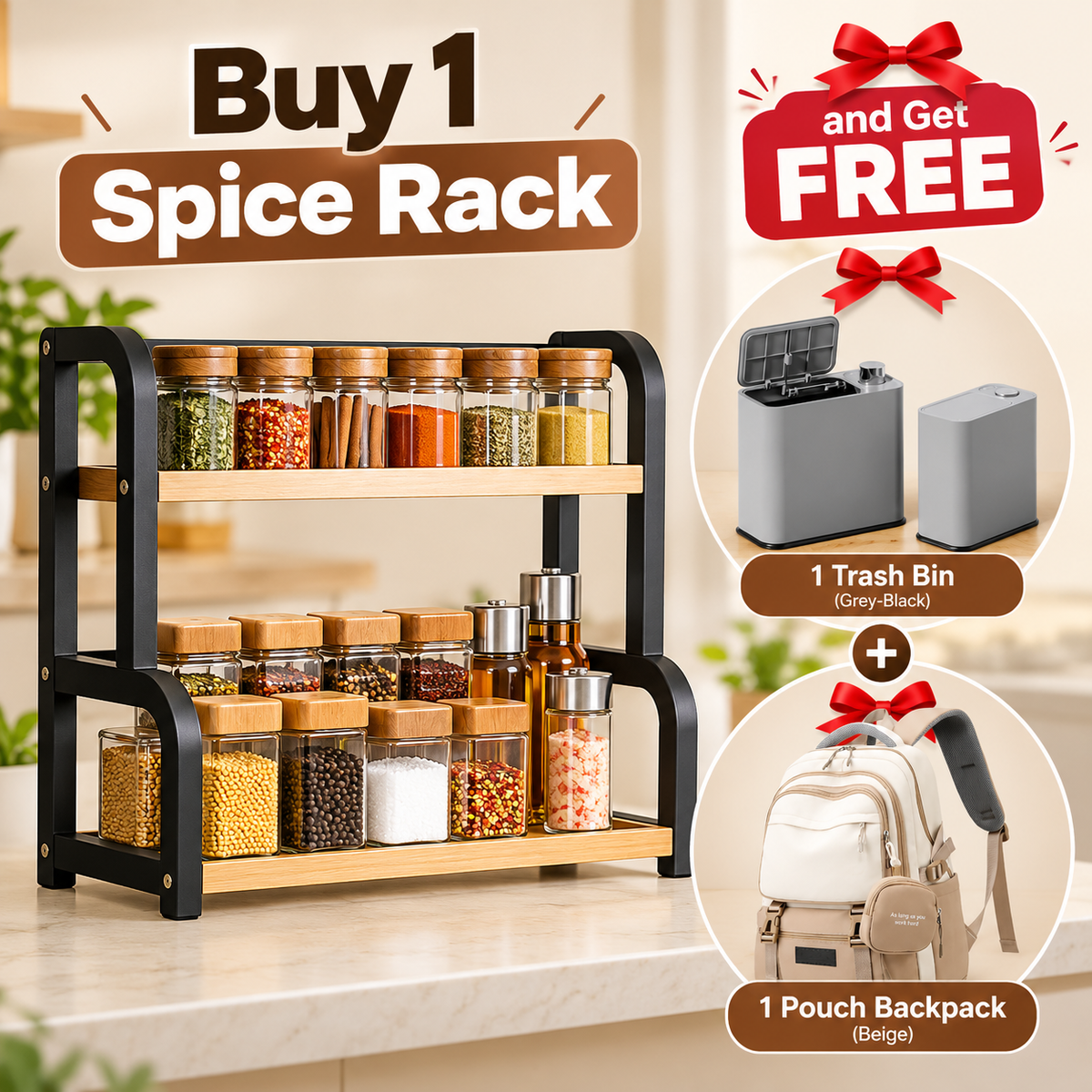 SAMDIYA 2-Tier Spice Rack + Trash Bin (Grey-Black) + Pouch Backpack (Beige) | Buy 1 Get 2 Free Combo