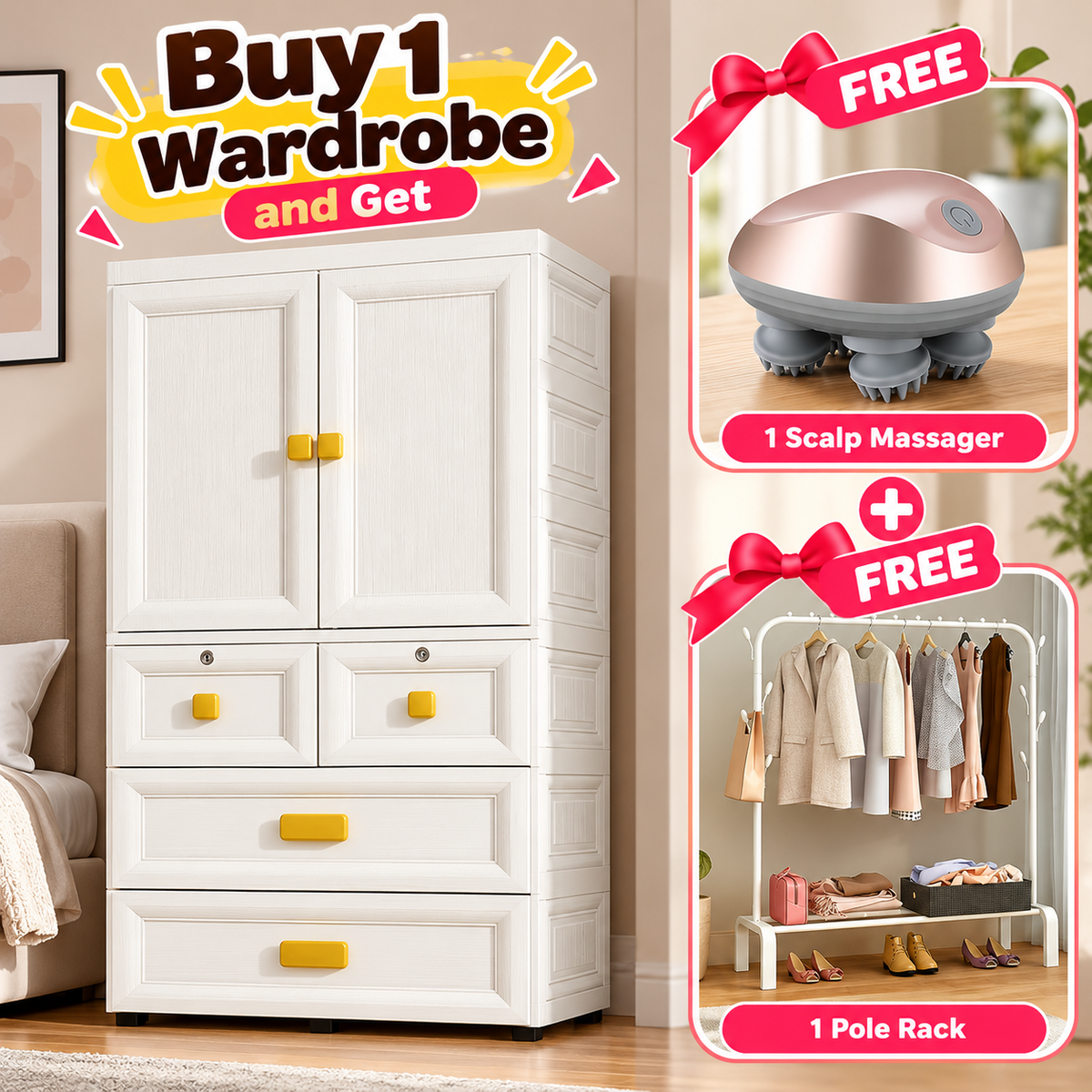 SAMDIYA 2-Door 5-Shelf Kids Wardrobe + Scalp Massager (White) + Pole Rack (White) | Buy 1 Get 2 Free Combo