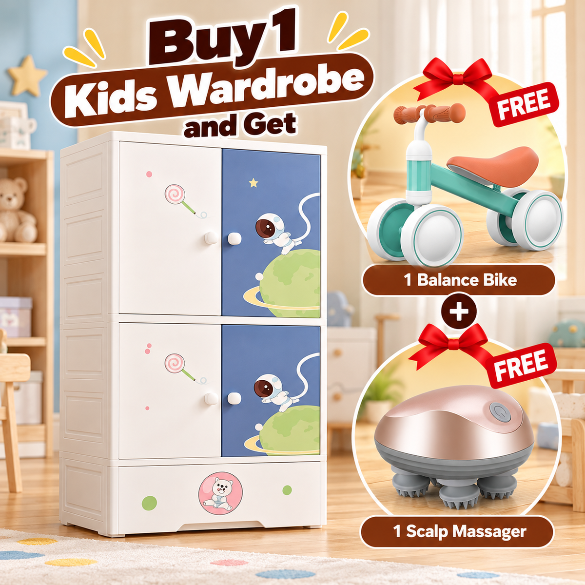 SAMDIYA 1+3 Door Kids Wardrobe with Drawers (Starry Sky Blue) + Balance Bike (Green) + Scalp Massager (Golden) | Buy 1 Get 2 Free Combo