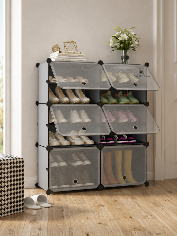 Premium 12-Shelf 6-Door Plastic Shoe Storage Cabinet – Grey