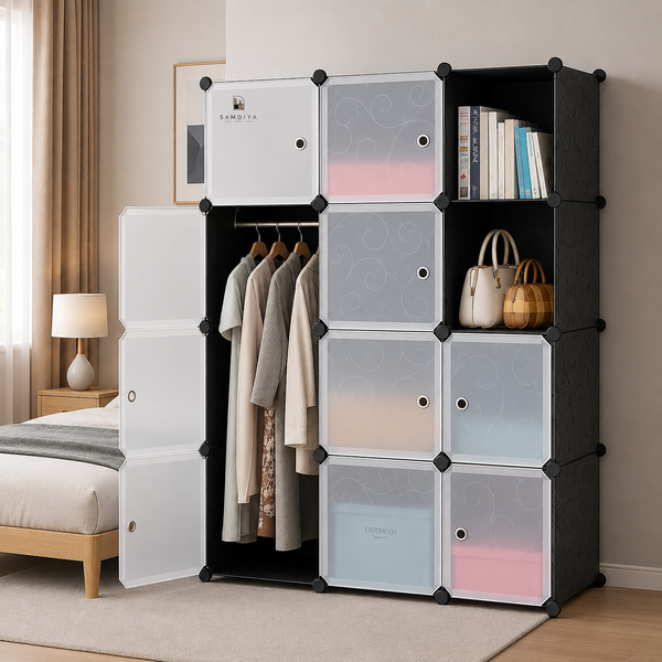 Premium 12-Shelf 10-Door Modular Plastic Wardrobe with Hanging Section – Black