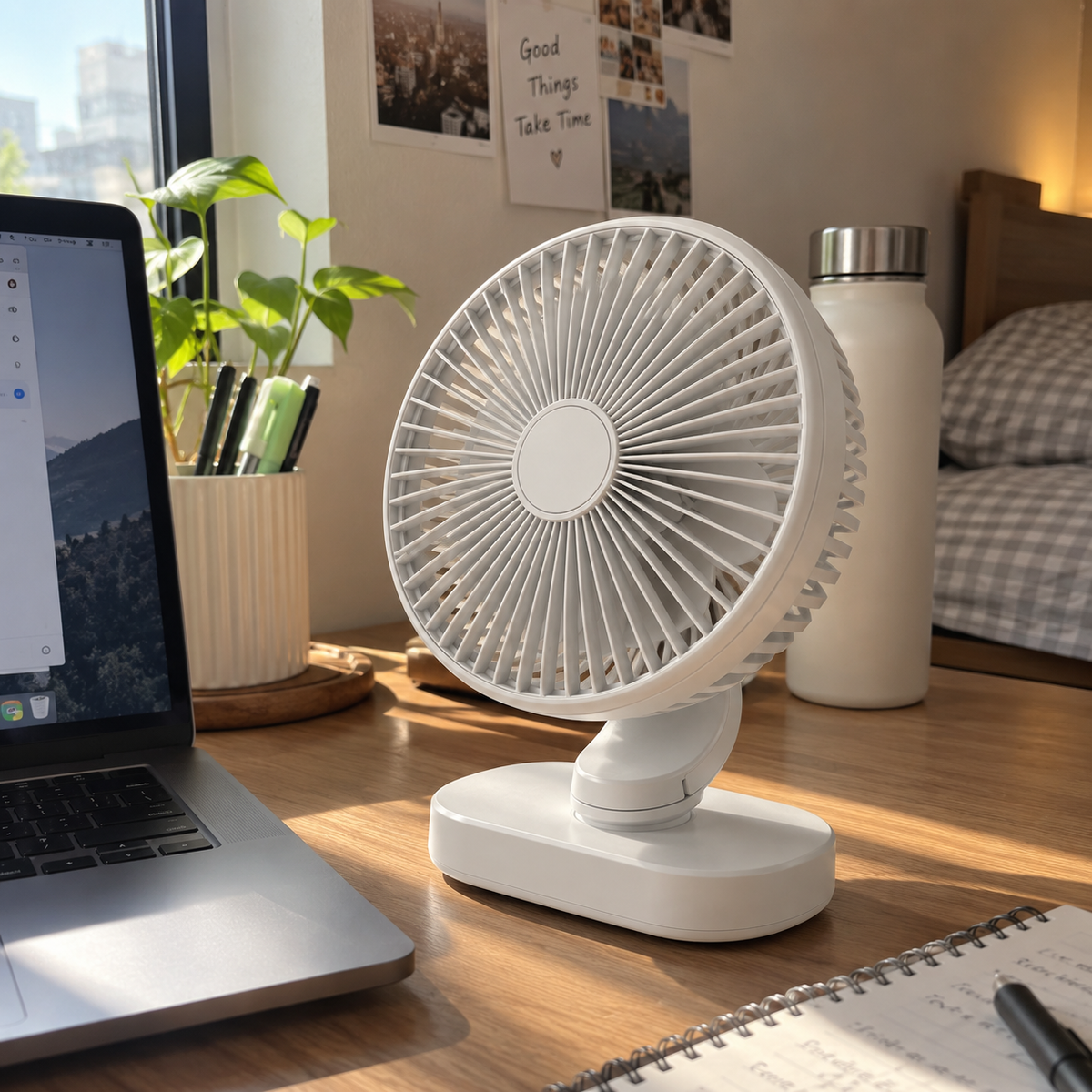 Premium 6.5-Inch Rechargeable Desk Fan with Adjustable Speed & Oscillation – White