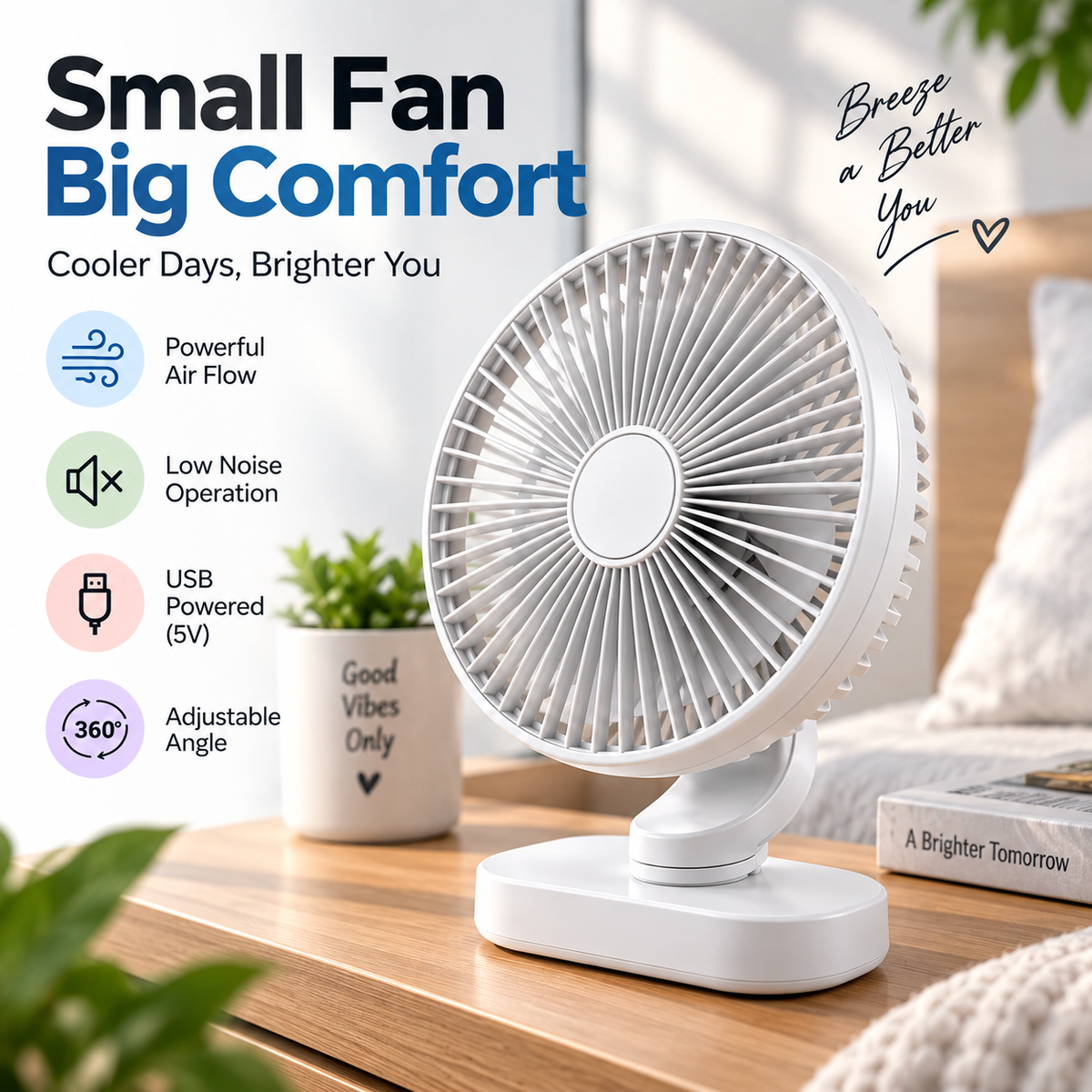 Premium 6.5-Inch Rechargeable Desk Fan with Adjustable Speed & Oscillation – White